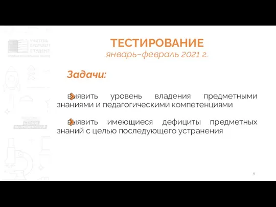 ТЕСТИРОВАНИЕ январь–февраль 2021 г. Задачи: выявить уровень владения предметными знаниями и педагогическими