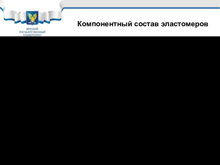 Компонентный состав эластомеров 1. Каучук или смесь каучуков; 2. Вулканизирующая группа (S8,