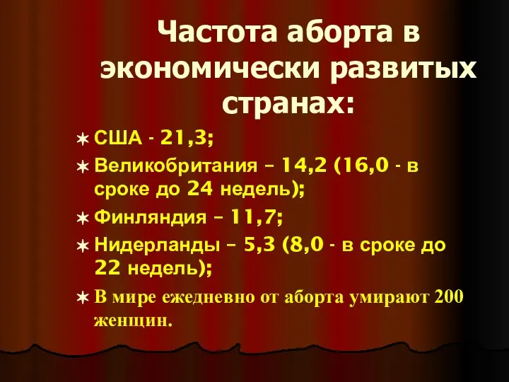 Частота аборта в экономически развитых странах: США - 21,3; Великобритания – 14,2