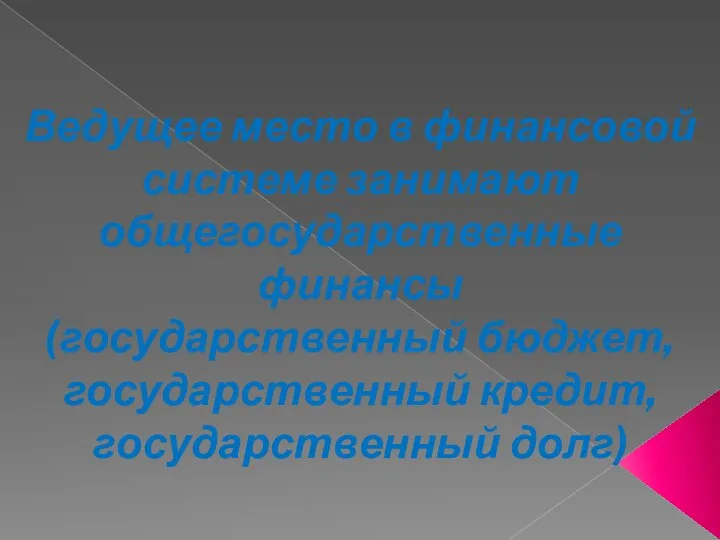 Ведущее место в финансовой системе занимают общегосударственные финансы (государственный бюджет, государственный кредит, государственный долг)