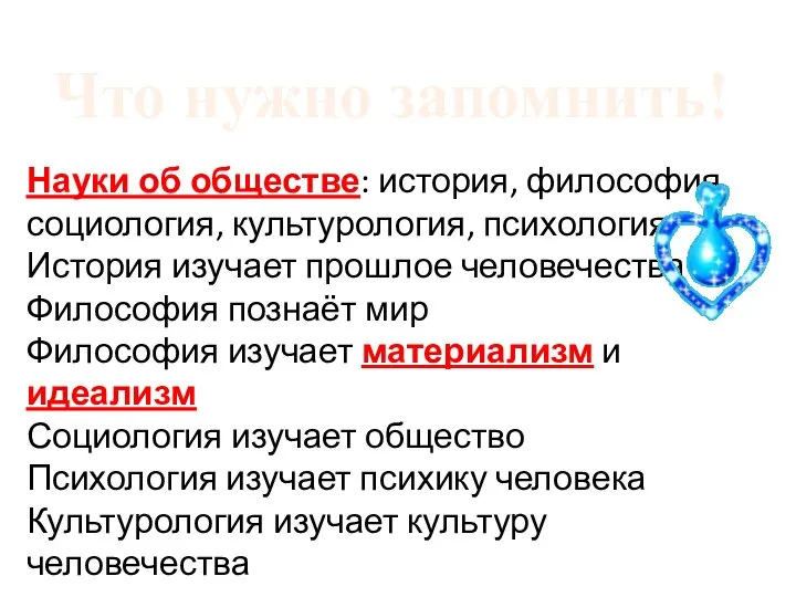 Что нужно запомнить! Науки об обществе: история, философия, социология, культурология, психология История