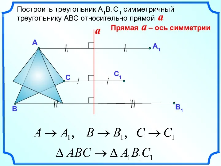 Построить треугольник А1В1С1 симметричный треугольнику АВС относительно прямой a А С В a