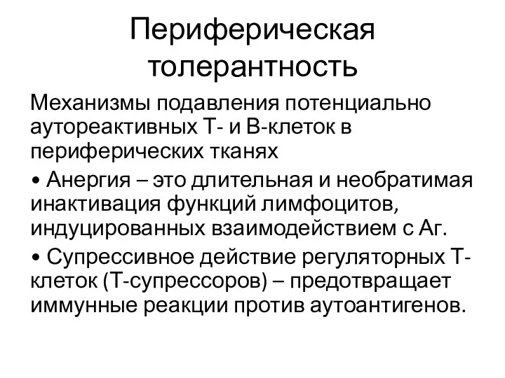 Периферическая толерантность Механизмы подавления потенциально аутореактивных Т- и В-клеток в периферических тканях