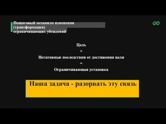 Цель + Негативные последствия от достижения цели = Ограничивающая установка Наша задача