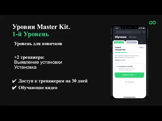 Уровни Master Kit. 1-й Уровень Уровень для новичков +2 тренажера: Выявление установки
