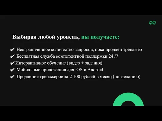 Выбирая любой уровень, вы получаете: Неограниченное количество запросов, пока продлен тренажер Бесплатная