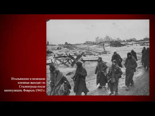 Итальянские и немецкие пленные выходят из Сталинграда после капитуляции. Февраль 1943 г.