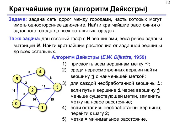 Кратчайшие пути (алгоритм Дейкстры) Задача: задана сеть дорог между городами, часть которых