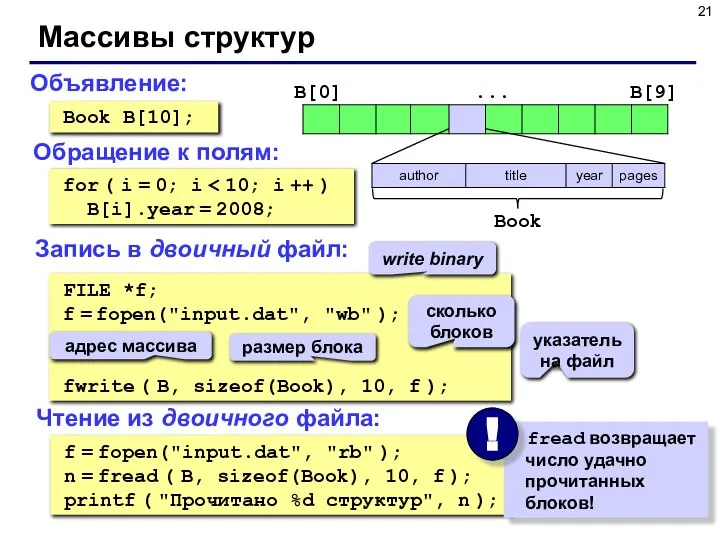 Массивы структур Объявление: Book B[10]; Обращение к полям: for ( i =