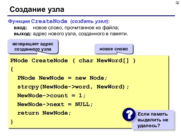 Создание узла PNode CreateNode ( char NewWord[] ) { PNode NewNode =