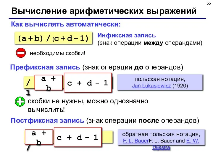 Вычисление арифметических выражений a b + c d + 1 - /