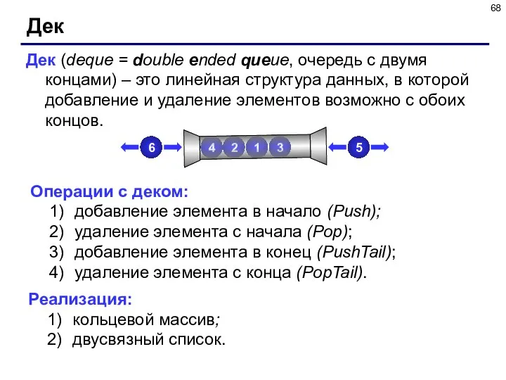 Дек Дек (deque = double ended queue, очередь с двумя концами) –