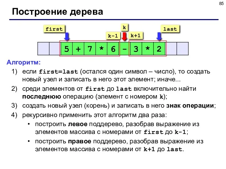 Построение дерева Алгоритм: если first=last (остался один символ – число), то создать