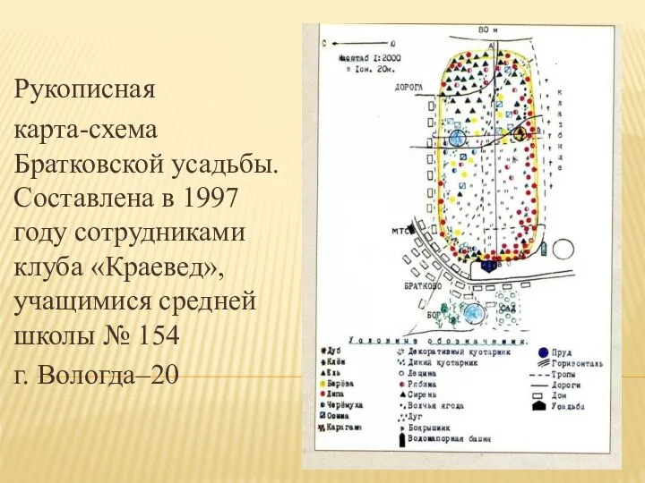 Рукописная карта-схема Братковской усадьбы. Составлена в 1997 году сотрудниками клуба «Краевед», учащимися