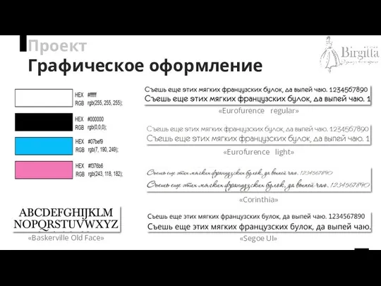 Проект Графическое оформление «Еurofurence regular» «Еurofurence light» «Corinthia» «Segoe UI» «Baskerville Old Face»