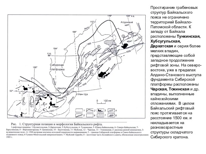 Простирание грабеновых структур Байкальского пояса не ограничено территорией Байкало-Патомской области. К западу