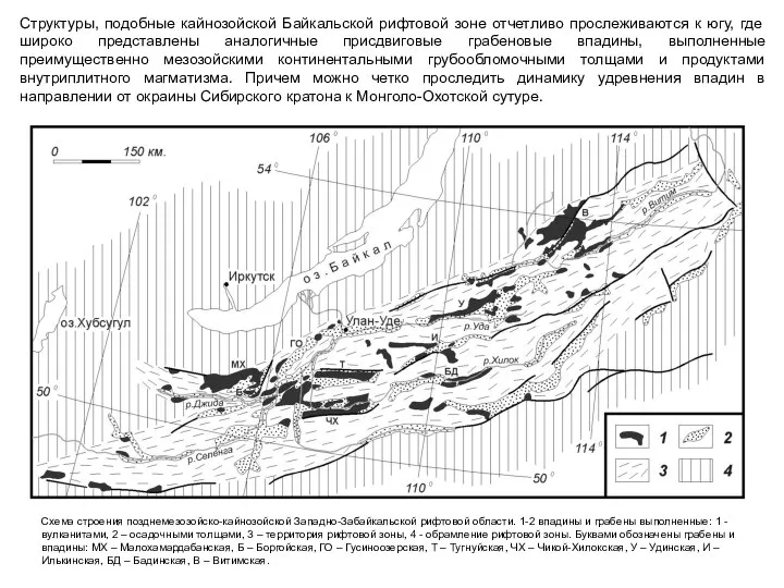 Структуры, подобные кайнозойской Байкальской рифтовой зоне отчетливо прослеживаются к югу, где широко