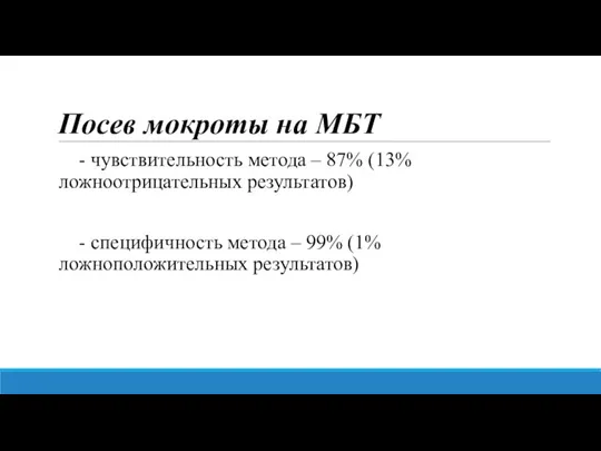 Посев мокроты на МБТ - чувствительность метода – 87% (13% ложноотрицательных результатов)