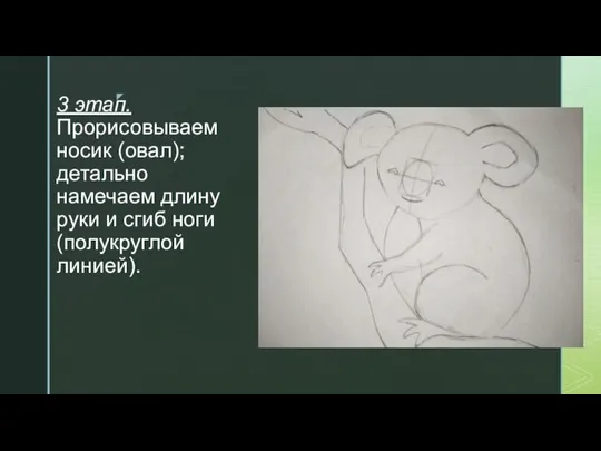 3 этап. Прорисовываем носик (овал); детально намечаем длину руки и сгиб ноги (полукруглой линией).