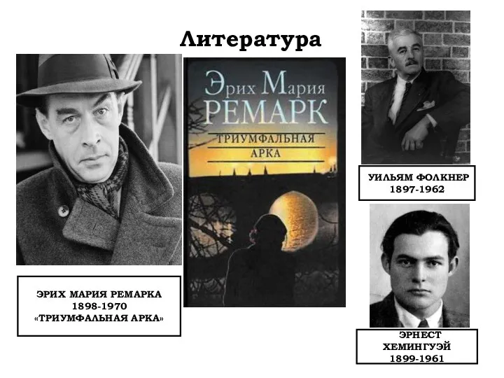 ЭРИХ МАРИЯ РЕМАРКА 1898-1970 «ТРИУМФАЛЬНАЯ АРКА» Литература УИЛЬЯМ ФОЛКНЕР 1897-1962 ЭРНЕСТ ХЕМИНГУЭЙ 1899-1961