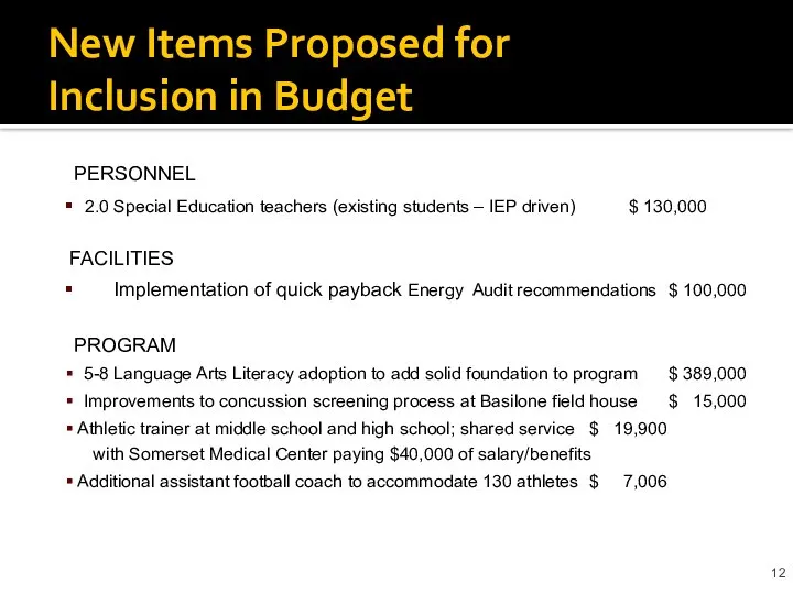 New Items Proposed for Inclusion in Budget PERSONNEL 2.0 Special Education teachers