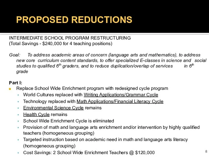 INTERMEDIATE SCHOOL PROGRAM RESTRUCTURING (Total Savings - $240,000 for 4 teaching positions)