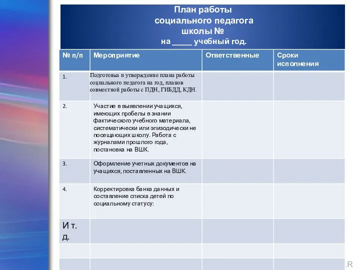 План работы социального педагога школы № на _____ учебный год.