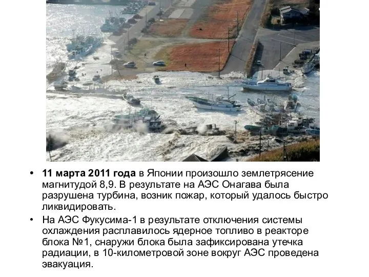 11 марта 2011 года в Японии произошло землетрясение магнитудой 8,9. В результате