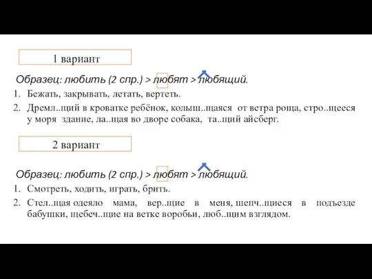 Образец: любить (2 спр.) > любят > любящий. Бежать, закрывать, летать, вертеть.