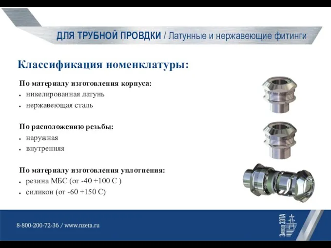 ДЛЯ ТРУБНОЙ ПРОВДКИ / Латунные и нержавеющие фитинги Классификация номенклатуры: По материалу