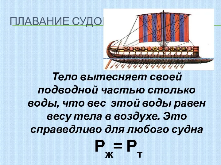 ПЛАВАНИЕ СУДОВ Тело вытесняет своей подводной частью столько воды, что вес этой