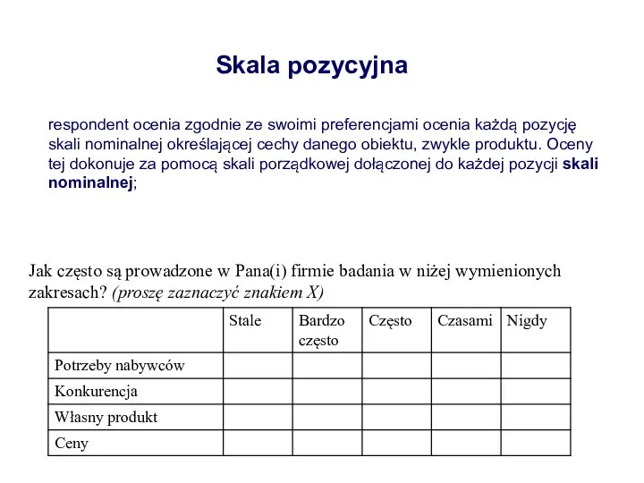 Skala pozycyjna respondent ocenia zgodnie ze swoimi preferencjami ocenia każdą pozycję skali