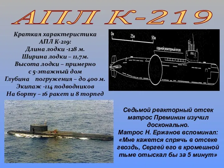 АПЛ К-219 Краткая характеристика АПЛ К-219: Длина лодки -128 м. Ширина лодки
