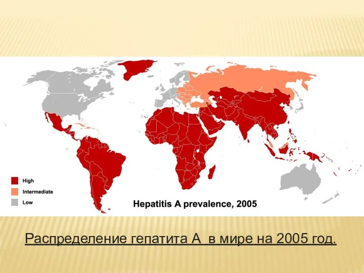 Распределение гепатита A в мире на 2005 год.