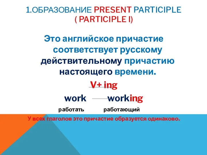 1.ОБРАЗОВАНИЕ PRESENT PARTICIPLE ( PARTICIPLE I) Это английское причастие соответствует русскому действительному