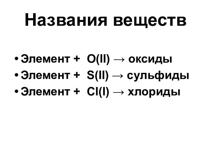 Названия веществ Элемент + O(II) → оксиды Элемент + S(II) → сульфиды