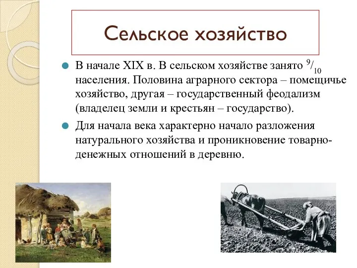 Сельское хозяйство В начале XIX в. В сельском хозяйстве занято 9/10 населения.