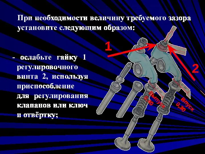 - ослабьте гайку 1 регулировочного винта 2, используя приспособление для регулирования клапанов