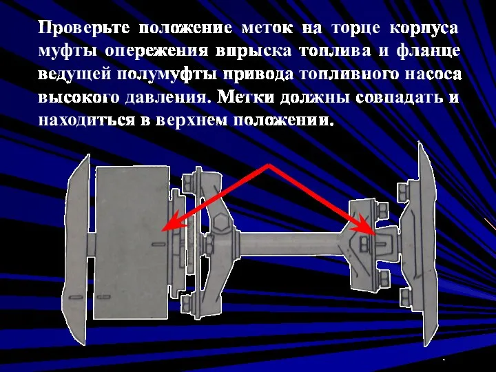 Проверьте положение меток на торце корпуса муфты опережения впрыска топлива и фланце