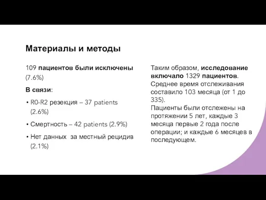 Материалы и методы 109 пациентов были исключены (7.6%) В связи: R0-R2 резекция