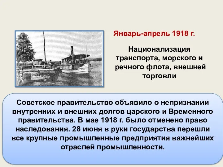 Советское правительство объявило о непризнании внутренних и внешних долгов царского и Временного