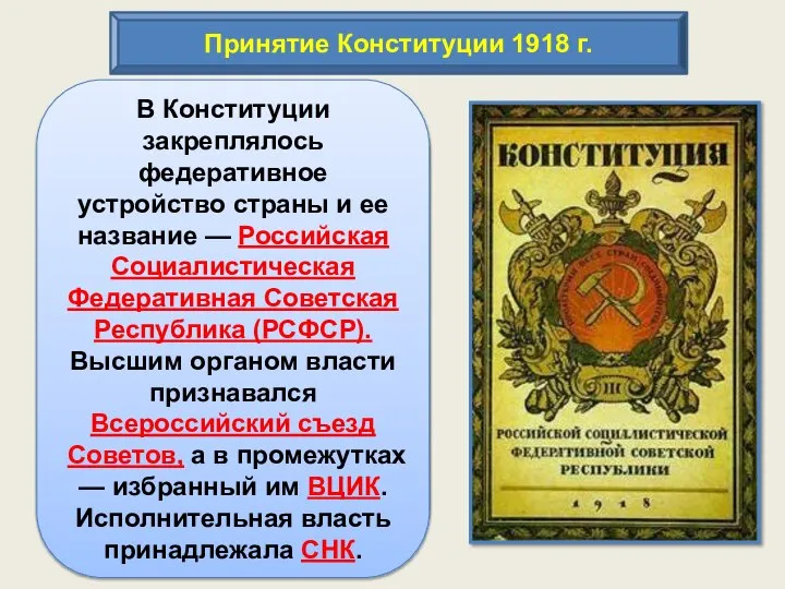 Принятие Конституции 1918 г. Главным итогом работы V Всероссийского съезда Советов в