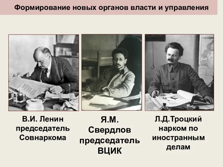 В.И. Ленин председатель Совнаркома Я.М. Свердлов председатель ВЦИК Л.Д.Троцкий нарком по иностранным делам