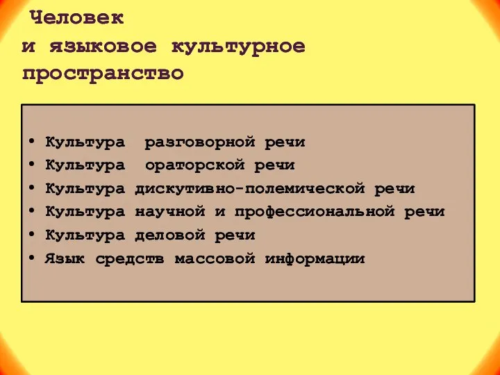 Человек и языковое культурное пространство Культура разговорной речи Культура ораторской речи Культура