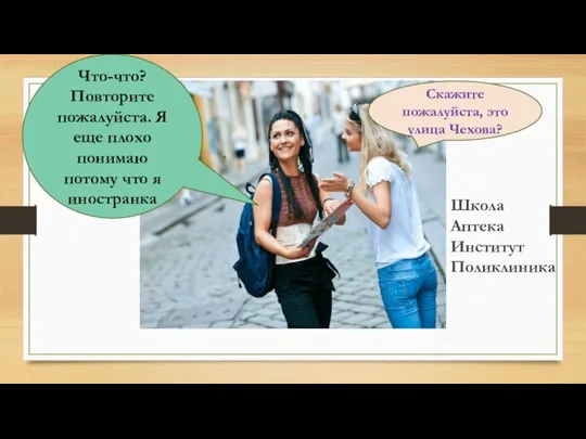 Скажите пожалуйста, это улица Чехова? Что-что? Повторите пожалуйста. Я еще плохо понимаю