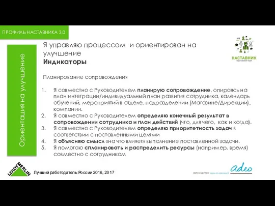 ПРОФИЛЬ НАСТАВНИКА 3.0 Ориентация на улучшение Я управляю процессом и ориентирован на