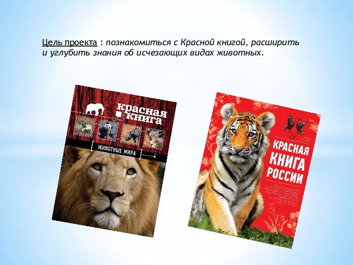 Цель проекта : познакомиться с Красной книгой, расширить и углубить знания об исчезающих видах животных.