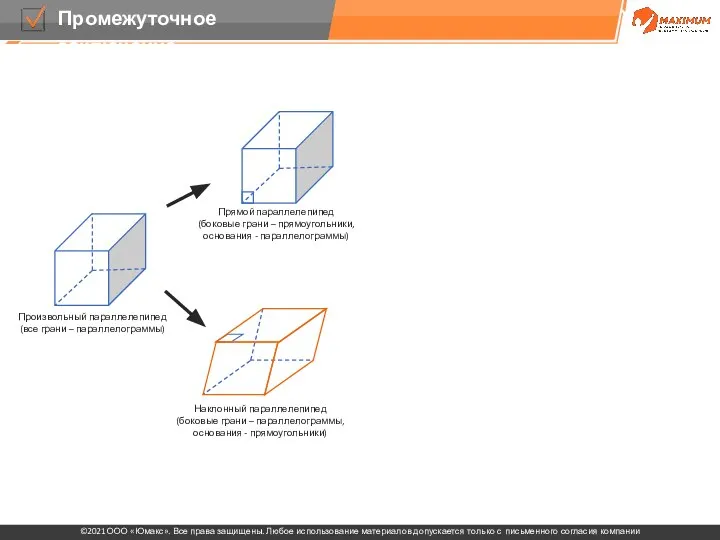 Прямоугольный параллелепипед (все грани - прямоугольники) Прямой параллелепипед (боковые грани – прямоугольники,