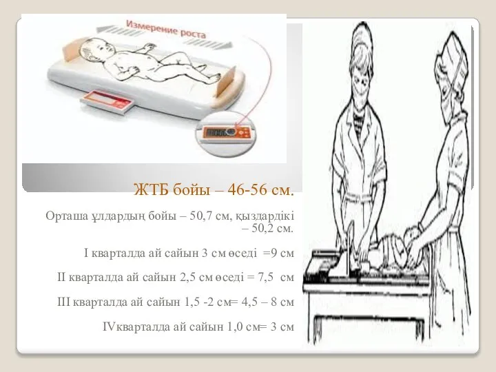 ЖТБ бойы – 46-56 см. Орташа ұлдардың бойы – 50,7 см, қыздардікі