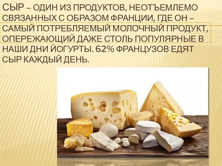 СЫР – ОДИН ИЗ ПРОДУКТОВ, НЕОТЪЕМЛЕМО СВЯЗАННЫХ С ОБРАЗОМ ФРАНЦИИ, ГДЕ ОН